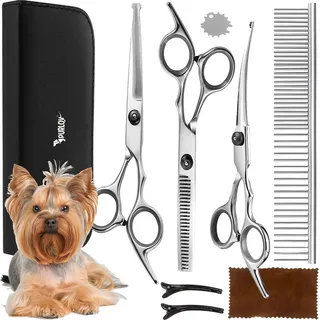 purlov Hundeschere mit Rundspitze Kamm Fellpflege-Set Hunde Katzen Edelstahl 23186