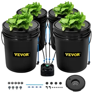 Vevor DWC Hydroponics Grow System, Hydroponisches Anbausystem, Deep Water Culture 5 Gallonen 4 Eimer, DWC-System mit Luftpumpe, Luftsteinen und Wasserstandsanzeige für Blattgemüse