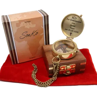 SonKo® Kompass mit Gravur Kompass personalisiert – Antik Optik nautischer funktionsfähige Maritime Deko aus Messing. Konfirmation Geschenk Kommunion (Mit Personalisierung)