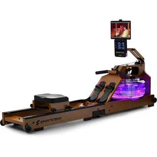 Sportstech Wasser-Rudergerät WRX1000 dunkelbraun, App-kompatibel, mit Wassertank, mit LED-Beleuchtung, 3-1 Widerstandsystem, mit LCD Display, mit Tablet-Halterung