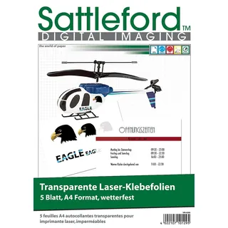 Sattleford Folien: 5 Klebefolien A4 für Laserdrucker transparent (Wetterfeste Folie Laserdrucker, transparente Folie bedrucken Laser, selbstklebend wetterfest)
