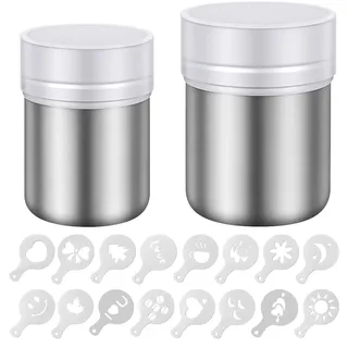 2 Stück puderzuckerstreuer, Puderzuckermühle, Kakaostreuer, Mehlstreuer Und 16 Druckformen, Ideal für Kakao, Kaffee, Salz, Puderzucker, Schokolade, Zucker, Mehl