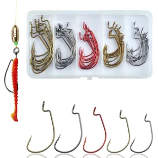 50stk Angelhaken Set Offset Worm Dropshot Haken für Gummiköder, Offsethaken für Gummifische, Wide Gap Angelhaken für Jigs