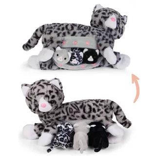 Mamanimals Katze Kuscheltier mit 3 Baby Katzen, Babys im Bauch mit Reißverschluss verstaubar, magnetische Zitzen zum Säugen, hochwertiges Plüschtier Set für Kinder