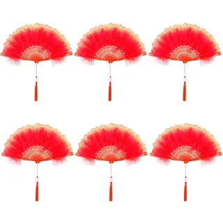 Uposao Damen Fächer Feder,6 Stücke Vintage Stil 20er Jahre Feder Handfächer Faltbar Handheld Marabou Federfächer Damen Gatsby Kostüm Flapper Zubehör für Hochzeit Halloween Karneval, Mottoparty,Rot