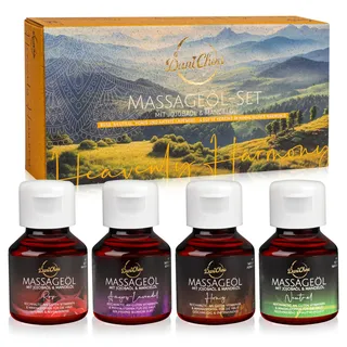 danichou Heavenly Harmony Massageöl Set – 4x 50 ml – Luxuriöse Massageöle für Tiefenentspannung & Hautpflege – Jojobaöl & Mandelöl mit Honig-, Rosen-, Neutral- & Amyris-Lavendel-Duft | Made in Germany
