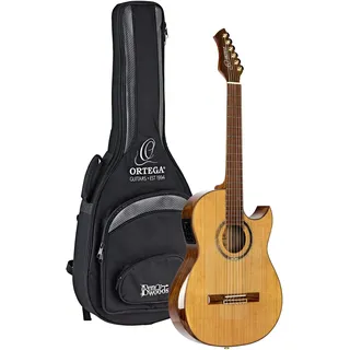 Ortega Guitars Konzert Gitarre Elektro-Akustisch – Slim Neck, Thinline Body – Signature Series – Inklusive Gig Bag und Schutzfolie – Massive Rotfichte, Walnuss, Natur (FLAMETAL-TWO)