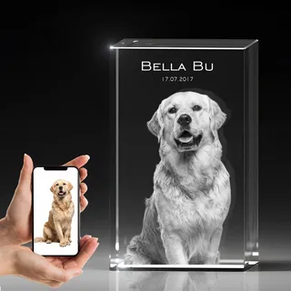 Gedenk Kristall Personalisiertes 3D-Foto als Gedenkwürfel für Haustiere Erinnerung an Hunde Katzen & Pferd 2D in 3D Hochwertige Lasergravur in Kristall 110x75x65mm Glas Erinnerung