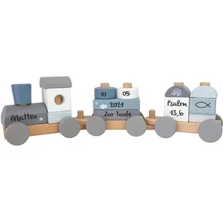 Tauf Eisenbahn I personalisiert Zug blau I Holz Eisenbahnen I Geschenk zur Taufe Taufgeschenk I Holzzug Baby I Taufgeschenk Jungen personalisiert I Maße: 41 x 5 x 11 cm