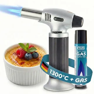 Flambierbrenner Crème Brulée Brenner Küchenbrenner Set | mit 1 x 100ml Gas Kartusche | 1300°C | Piezozündung Flambierer Gasbrenner TOM GB-400 - Grau