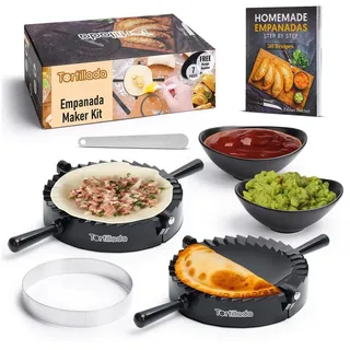 Tortillada – Empanadas Maker Formen 15,5 cm/Empanada Form Presse Set 7 teilig inkl. Rezeptbuch, Dipschalen, Ausstecher, Messer