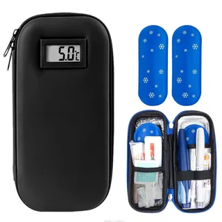 Kühltasche Klein Pen Tasche mit 2 Kühlakku, Medikamententasche Mit Temperaturanzeige, Kühltasche Medikamente, Cooler Travel Case with Temperature Display, Klein Isoliertasche Kühlbox (Schwarz)