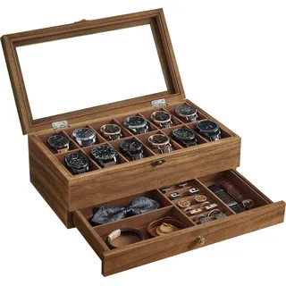 Songmics Uhrenbox mit 12 Fächern, aus Massivholz, walnussfarben