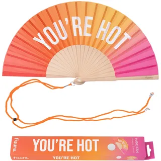 Fisura – Handfächer aus Holz mit der Aufschrift You Are h*t". Modernes, farbenfrohes Accessoire mit rosa-orangefarbenem Farbverlauf, tragbarer Ventilator mit Aufhänger. Maße: 42,5 x 23 cm