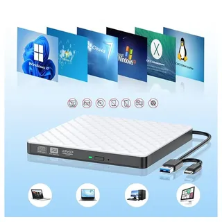 PRIISF External CD DVD +/-RW ROM Optical Drive Rewriter Writer USB 3.0,Type-C DVD-Brenner (Slim CD/DVD ROM Portable Laufwerk Brenner, DVD 8x/CD 24x, Für alle Notebook Desktop PC Laptop-Mac OS,Windows11) weiß