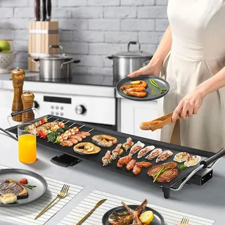 Goplus Elektrogrill 1800W, Teppanyaki Grillplatte mit Antihaftebeschichtung, Tischgrill inkl. Einstellbarem Thermostat und abnehmbarer Fettauffangschale,