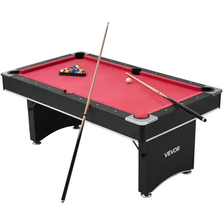 Vevor Billardtisch 183 cm moderner Spieltisch mit verstellbaren Füßen, komplettes Set inkl.Bällen / Queues / Ständer / Kreide / Bürste, für Spielzimmer Freizeiträume schwarz mit rotem Tuch