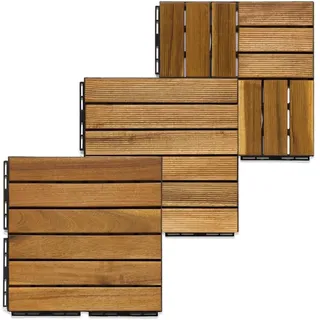 iWerk® – Musterpaket Akazie mit Lamellen | Holzfliese 30 × 30 cm zum Testen | Echtholz-Terrassenfliesen mit Klicksystem | Bodenbelag für Balkon, Garten & Wintergarten | 3 Stück