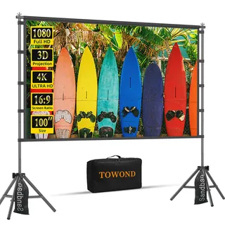 TOWOND Projektor-Leinwand, 100 Zoll (254 cm), tragbare Projektor-Leinwand und Ständer, Outdoor-Projektionsleinwand, 16:9, 4K-HD-Filmleinwand mit Tragetasche für Heimkino und Hinterhofkinoabende