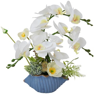 LESING Künstliche Orchideen-Blume mit Vase, realistische Orchideen, künstliche Orchidee, Bonsai-Pflanzen im Topf, Arrangement für Zuhause, Hochzeit, Party, Esstisch, Dekor (blaue Vase, W)