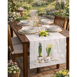 KAMACA Tischläufer Frühling Ostern Blumen Hasen Dekor Osterhasen Ostereier Bunt Waschbar Fleckschutz Küche Esstisch Tisch Dekoration (40x160 Osterzeit)