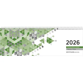 Zettler Tischquerkalender 1W/1S 2026 29,6x9,9 cm grün 1 Woche auf 1 Seite Bürokalender mit 60 Seiten Stundeneinteilung 7-19 Uhr
