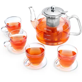 1200ML Teekanne Glas Set, Teeservice 4 Gläser, Borosilikatglas Glasteekanne mit Siebeinsatz, Tee-Ei für lose Blätter Teekanne Set