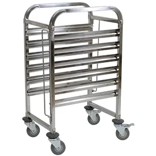 Gastronorm Regalwagen aus Edelstahl für 6 x GN Behälter 1/1 - beidseitiger Sicherheitsbügel - Feststellbremsen - Tablettwagen, Küchenwagen, Abräumwagen, Rollwagen