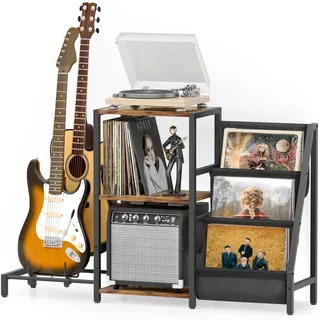 Bikoney Gitarrenständer & Plattenspieler-Ständer, Vinyl-Halter für 200 LPs | Gitarrenständer mit Großer Kapazität, 3-Stufiges Schallplatten-Aufbewahrung, LP-Display, Halterung für 2 Gitarren & Bass