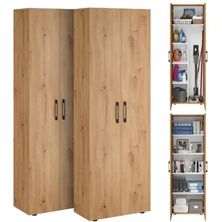 Bellamio Mehrzweckschrank Set 2-teilig – Schrank-Set mit Aktenschrank & Besenschrank in Eichenoptik – Vorratsschrank mit Staubsaugerfach – Haushaltsschrank Holz 60 cm breit – Allzweckschrank 2 Stück