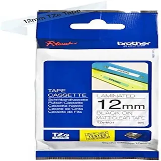 Brother TZe-M31 Labelling Tape Cassette, Laminated, Genuine Supplies, Black on Matt Clear, 12 mm (W) x 8 m (L)