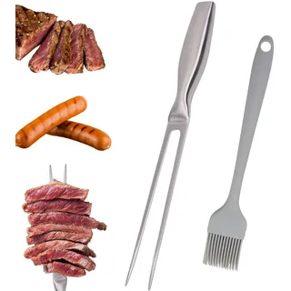 Fleischgabel Edelstahl, Tranchiergabel mit Ergonomischem Griff, Grillgabel aus Rostfreiem Edelstahl, 27 Cm Fleischgabel mit Ölpinsel, für Camping und Küche, BBQ