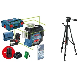 Bosch Professional 12V System Linienlaser GLL 3-80 CG (2x Akku 12 V, bis 30 m, in L-BOXX) – Amazon Edition & Baustativ für Laser und Nivelliergeräte BT 150 (Höhe: 55–157 cm, Gewinde: 1/4 Zoll)