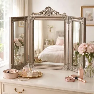 HomeZone Frisiertisch, Antik-Gold, dreifach zusammenklappbar, für den Tisch, Schminkspiegel, verziert, Shabby Chic, Make-up, Styling, Schlafzimmer, Klappspiegel