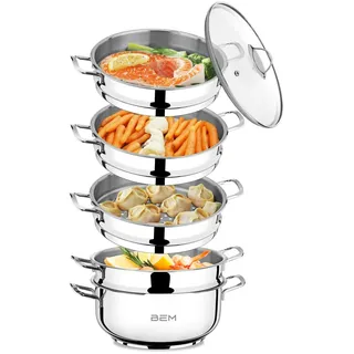 BEM Dampfkocher: 6-tlg Set aus Edelstahl 18/10, Ø 30 cm, Russische Mantowarka mit Dampfeinsatz und Glasdeckel, Dampfkochtopf