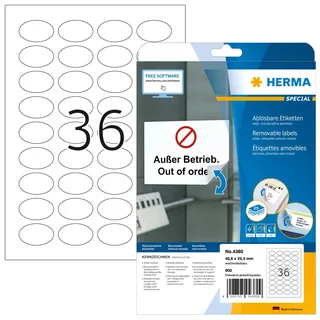 HERMA 4380 Universal Etiketten ablösbar oval, 800 Blatt, 40,6 x 25,4 mm, 36 pro A4 Bogen, 28800 Stück, selbstklebend, bedruckbar, matt, blanko Papier Klebeetiketten Aufkleber, weiß