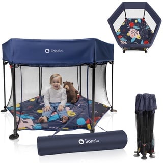 lionelo Roel Laufstall Baby bis zu 15 kg, Großformat 135 x 85 cm, sechseckige Form, LockGuard Faltschloss, verstärkte Basis, rutschfeste Fußkappen, Schutztasche