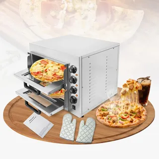 CNCEST Elektrischer Pizzaofen, 3000W Doppellagig Mini Pizzaofen Elektrisch, Pizza Backofen für die Gastronomie, 50-350°C Gastro Steinbackofen