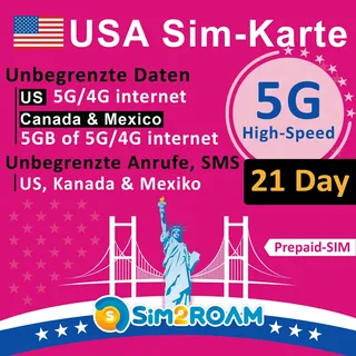 USA SIM-Karte 21 Tage (Verwendet T-Mobile-Netz) | Unbegrenzte 5G/4G-Daten in den USA + 5 GB in Kanada/Mexiko | Unbegrenzte Anrufe und SMS in den USA, Kanada und Mexiko | Aufladbar!