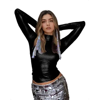 EMOTTOS Damen Glitzer Oberteil Crop Top, Sexy Metallic Langarm T-Shirt Enganliegend, Y2K Pailletten Stehkragen Bauchfrei Festival Party Karneval Clubwear Herbst Winter Ausgeh, Schwarz, M - M