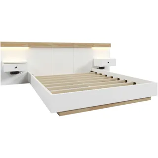 MeraxMerax Bettanlage Holzbett 180x200 Doppelbett mit 2 LED Nachtkommoden & 1 USB & 1 Type C & 1 Steckdose & Lattenrost Beige & Weiß