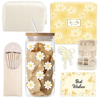 Geschenke für Mädchen Teenager 9 10 11 12 13 14 15 16 Jahre, Weihnachten Geburtstag Geschenk Mädchen Teenager Frauen, Glasbecher mit Strohhalm und Deckel,Schminkpinsel Kosmetiktasche Schmuckkästchen