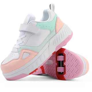 XRDSHY Schuhe mit Rollen Mädchen Jungen, 2-in-1 Multifunktionale Turnschuhe mit 4 Rollen, Sportschuhe für Kinder und Erwachsene, Skateboard-Schuhe,Pink-34 EU - 34 EU