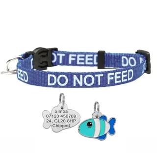 Do Not Feed Katzenhalsband mit persönlicher Gravur, Fischform, Haustiermarke, Blau