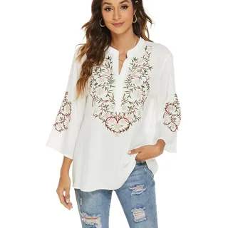drakloak Damen Sommer Bluse Boho Stickerei Mexikanisch Tops V-Ausschnitt Shirt Kurzarm Boho Tunika Folklore Hippie Blusen(380 WT S) - S