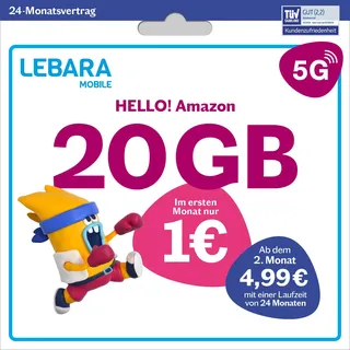 LEBARA Handytarif Hello! 20 | 20 GB Datenvolumen | 4,99€ mtl. | 5G mit bis zu 50 Mbit/s | Allnet-Flat Telefonie & SMS Deutschland inkl. EU-Roaming | 50 Auslandsminuten inkl. SIM-Karte