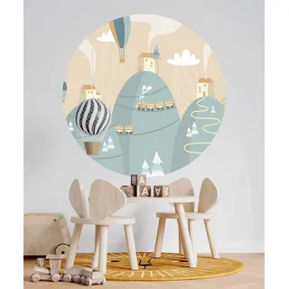 WANDKIND Wandtattoo Haus auf dem Berg Kinderzimmer RUND V394, Heißluftballon, wieder ablösbar 120 cm x 120 cm