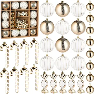 Brubaker 33-TLG. Weihnachtskugel Set - Christbaumschmuck mit Kugeln, Zuckerstangen und Bonbons - Moderner Baumschmuck - Baumkugel Weihnachtsbaumschmuck - Anhänger für Weihnachtsbaum - Gold Weiß