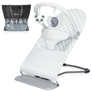 Orzbow Klappbar Babywippe, Tragbarkeit Baby Bouncer für Außenaktivitäten, Einstellbar Baby Wippe mit 3 Positionen, Einfach zu Lagern, Spielbogen & 2 Puppen Ausgestattet, 0-12 Monate, bis zu 9 Kg, Grau