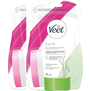 Veet Pure Dusch-Haarentfernungscreme für Körper, Arme & Beine - Enthaarungscreme für die Dusche, für trockene Haut 300 ml (2x150 ml) inkl. Schwamm